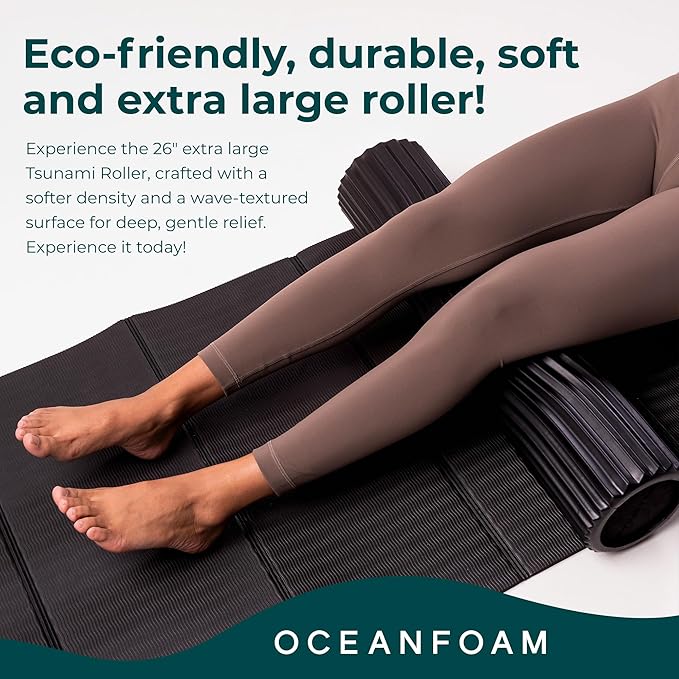 Oceanfoam Tsunami Roller (Black) - Soft, Textured Foam Roller for Physical Therapy, Back Pain, Excercise & Stretching - Wave Textured - Yoga, Athletics, & Wellness - Extra-Large, 26" x 5.9"