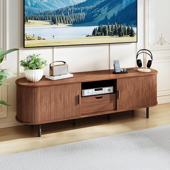 69" Mid-Century TV Stand with Power Outlet, Fluted Entertainment Center with Storage Drawer, TV Console with Sliding Door and Adjustable Shelves, TV Stand up to 80" for Living Room, Bedroom, Walnut