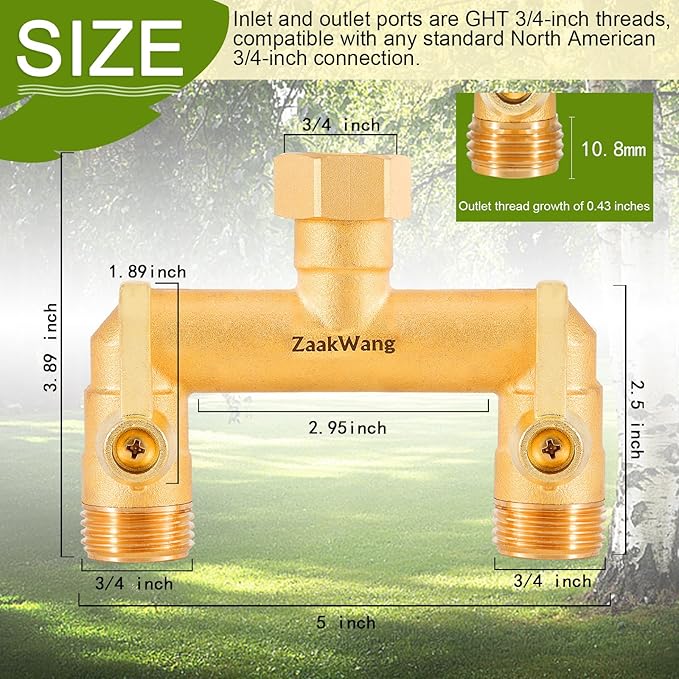 Heavy Duty Brass Garden Hose Splitter 2 Way - Upgrade Full Flow Hose Bib Adapter with Water Shut Off Valves and Long Metal Handles, Rust and Frost Resistant Outdoor Faucet Diverter