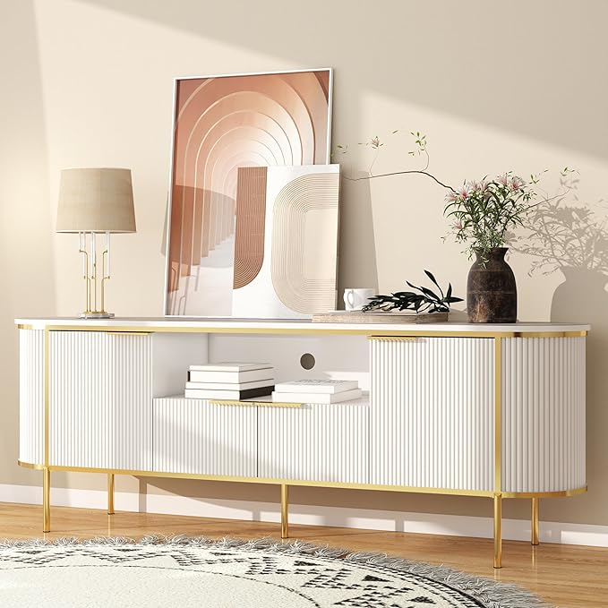 Luxury Fluted TV Stand: 70" White Entertainment Center for 80 inch TVs, TV Consoles for Living Room, Modern Media Console with Faux Marble Top (White, 70 Inch TV Stand)