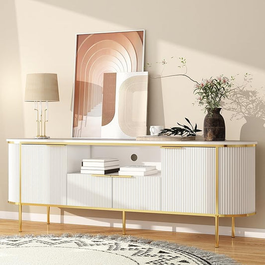 Luxury Fluted TV Stand: 70" White Entertainment Center for 80 inch TVs, TV Consoles for Living Room, Modern Media Console with Faux Marble Top (White, 70 Inch TV Stand)