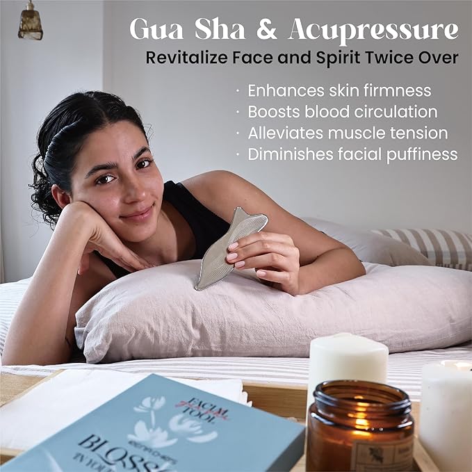 Rena Chris Stainless Steel Gua Sha Facial Tools - Acupressure & Gua Sha for Face Massage, Jawline Sculpting, Puffiness Reduction, Skin Care Tool (Silver)