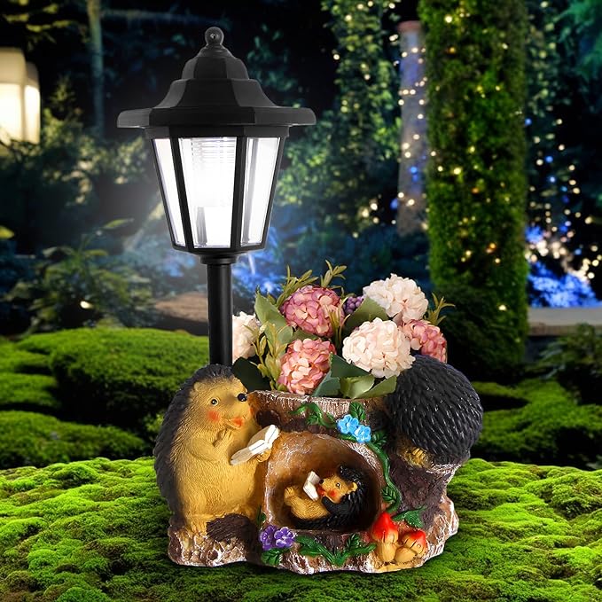Solar Garden Statue Hedgehog Figurine,Flower Pots Planters Pots for Succulent,Garden Sculpture for Patio Balcony Yard Lawn Decor,Unique Gift for Dad Mom Grandma
