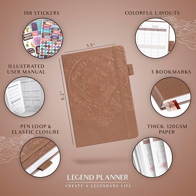 Legend Wellness Planner & Food Journal – Daily Diet & Health Journal with Exercise & Weight Loss Tracker – Nutrition Diary, 6 Months (Dark Terracotta)