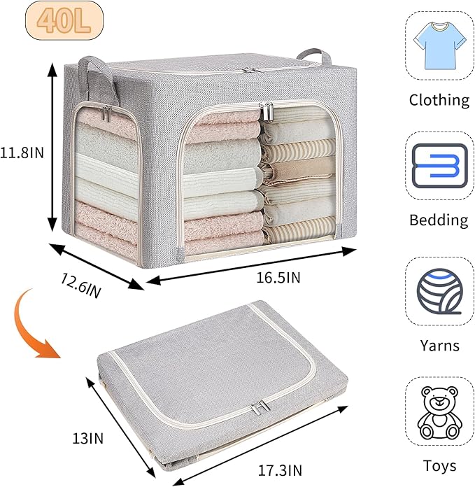 combocube 3-Side Zippered Openings Clothes Storage Bins with Thick Metal Frame, Stackable & Foldable Clothing Storage Bins with Lid, Linen Fabric Closet Storage Box with Large Clear Window, 3 Pack