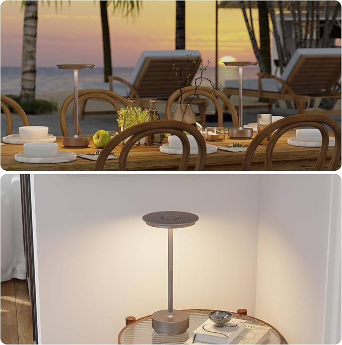2 Pack Rechargeable Cordless Table Lamps, Portable 5000mAh Outdoor Table Light, 3 Color Stepless Dimming LED Table Lamp with Memory Function, for Home/Dinner/Patio/Restaurant.(Champagne Gold)