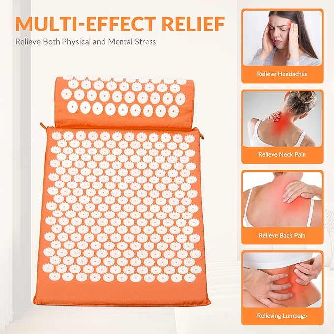 Fitvids Acupressure Mat and Pillow Set for Back/Neck Pain, Acupuncture Products to Relieve Muscle Fatigue, Improve Insomnia for Sedentary People, Acupuncture Eases Stress, Massage Mat, Orange