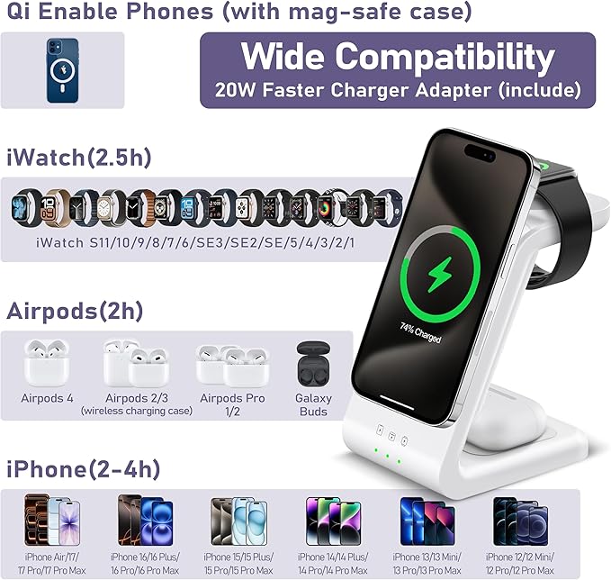 3 in 1 Wireless Charging Station: 5000mAh Removable Power Bank Charger Stand for iPhone/Apple Watch/Airpods - Portable Magnetic Battery Pack for Air 17 16 15 14 13 12 Series White
