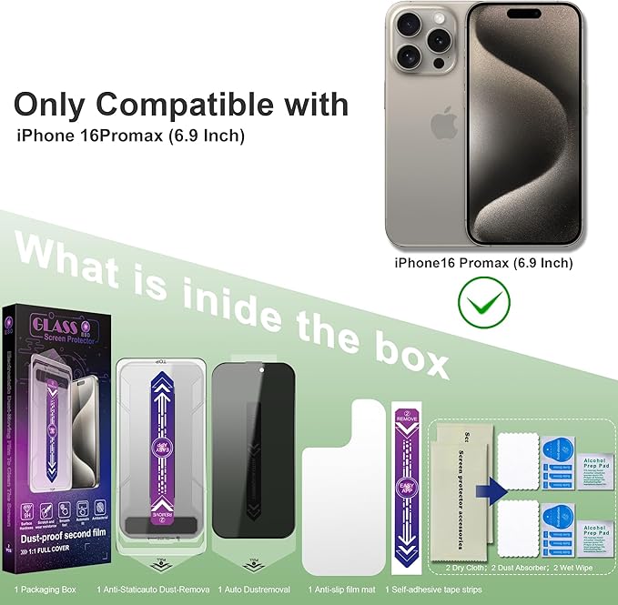 2 Pack Privacy Screen Protector for iPhone 16 Pro Max 6.9-Inch Auto Dust Removal, No Bubbles,Anti-Spy Tempered Glass Film, Easy Installation