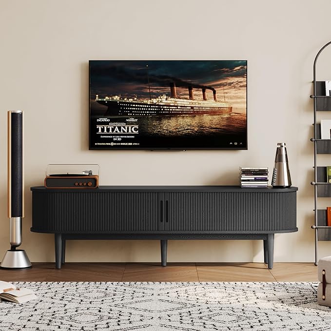 LINSY HOME 70" Fluted TV Stand for TVs up to 80 Inch, Mid Century Modern Entertainment Center with Storage Cabinet and Sliding Doors, Farmhouse Wood Media TV Console for Living Room, Bedroom, Black