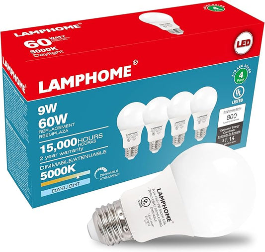 LAMPHOME 4-Pack Neutral White LED Bulbs - Perfect for Bedroom & Living Room, 60W Equivalent, 3000K, 9W, 15000-Hour Life, E26 Base