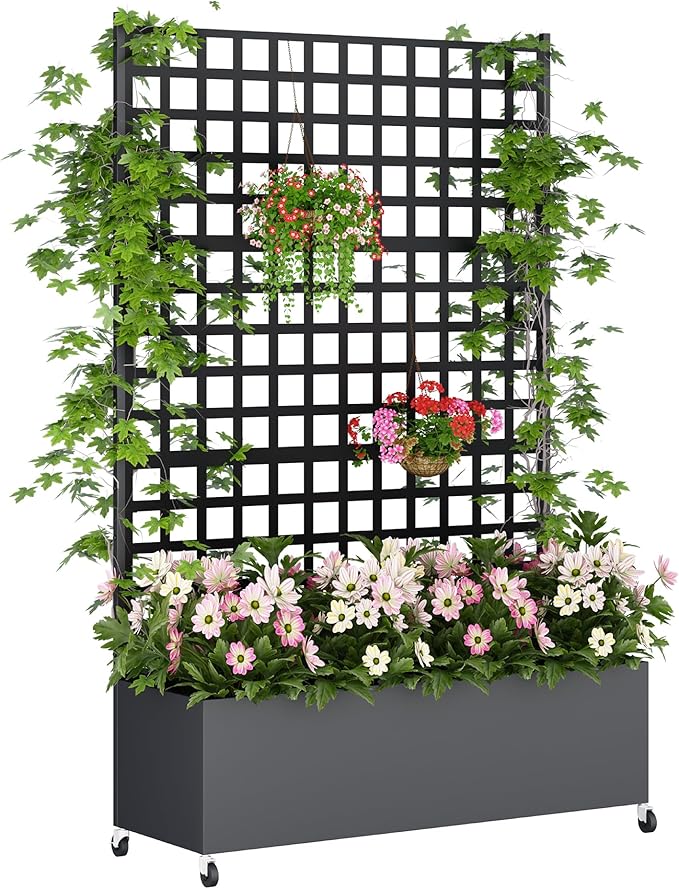 Metal Planter Box with Trellis Privacy Screen, Raised Garden Bed with Lattice Trellis & Wheels, Privacy Planters for Patio, Planter Box for Climbing Plants, Flower, 73"x 47"x 16", Black