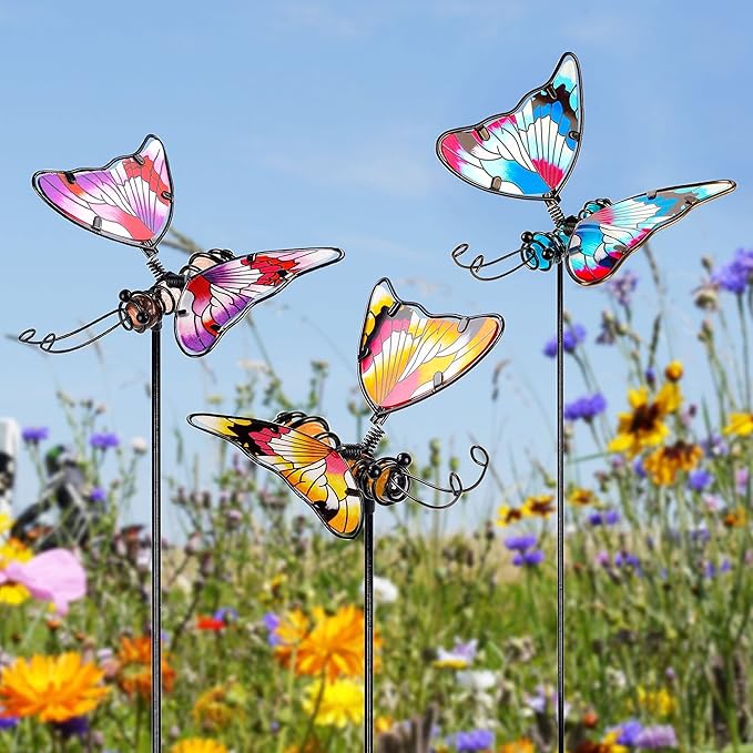 Juegoal Set of 3 Butterfly Garden Stake Decor, 20 Inch Colorful Butterflies Stakes, Glass & Metal Yard Art Ornaments for Mom, Mothers Day Ideal Gifts, Outdoor Lawn Pathway Patio Plant Pot, Flower Bed