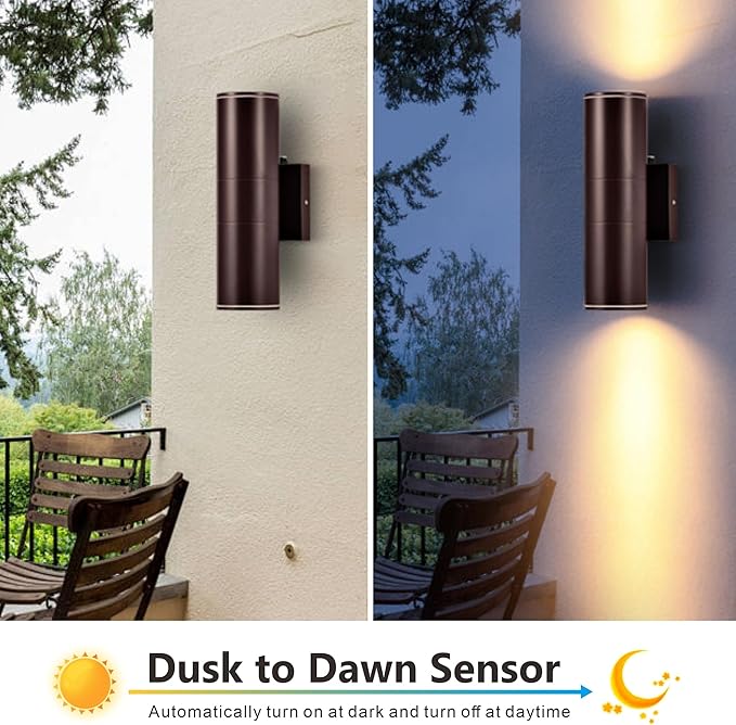 Dusk to Dawn Outdoor Lighting Sensor Wall Lights 2Pack, 12W 2700K Integrated LED Cylinder Up Down Lights Outdoor, IP65 Waterproof Aluminum Exterior Wall Sconce for Porch Patio. Brown