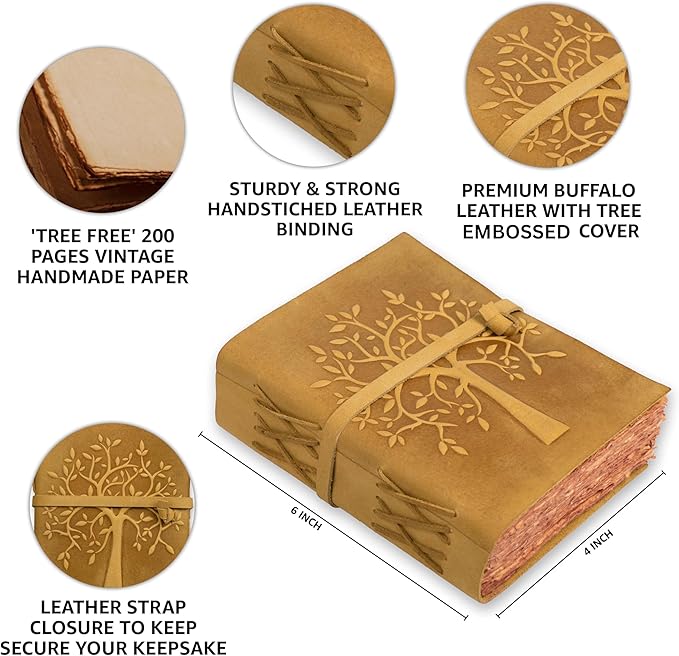 LEATHER VILLAGE Tree of Life Journal - 6 X 4 (A6) inches - Sun Tan - 200 Antique Deckle Edge Handmade Paper – Book of Shadows - Vintage Leather Bound Journal for Women & Men