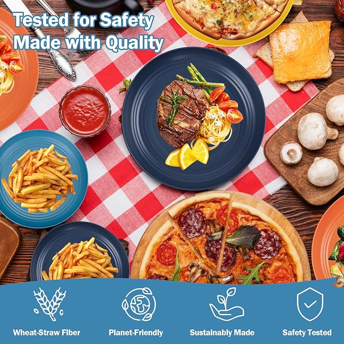 LIYH 48 Pcs Wheat Straw Dinnerware Plates and Bowls Set Dishwasher Safe Unbreakable Light Weight Plates Service for 12 Reusable Multicolor Dinnerware Set Dish Sets 24 Plate 12 Bowl 12 Cup