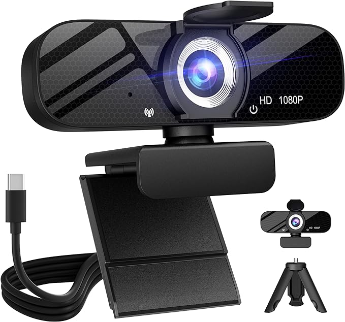 Full HD Webcam with Built-in Microphone and Rotatable Tripod, 1080P Video and Wide Angle Camera, Privacy Cover, for Desktop PC or Laptop Computer