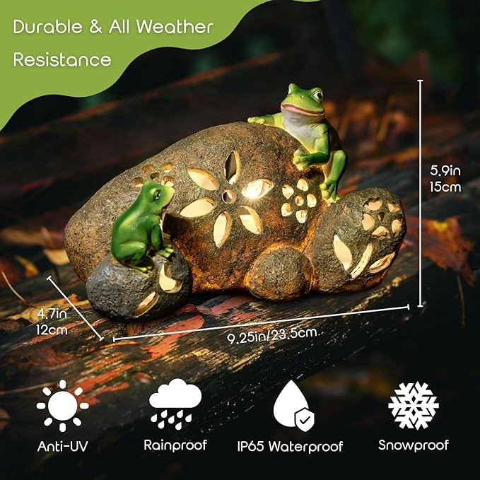 Solar Frogs Garden Statues Outdoor Resin Frog on Rock Figurine with LED Lights Porch Patio Lawn Yard Art Home Decorations Birthday Housewarming Christmas Gardening Gifts for Mom Women