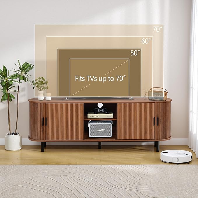 63" Fluted TV Stand for 65/70 Inch, Mid Century Modern Console With Sliding Doors, Curved Gaming Entertainment Center, Media Console for Living Room, Bedroom (Walnut, 63inch-4doors)