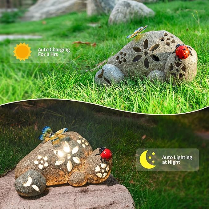 Solar Butterfly Garden Statues Outdoor Resin Ladybug on Rock Figurine with LED Lights Porch Patio Lawn Yard Art Decorations Birthday Christmas Gardening Gifts for Mom Women