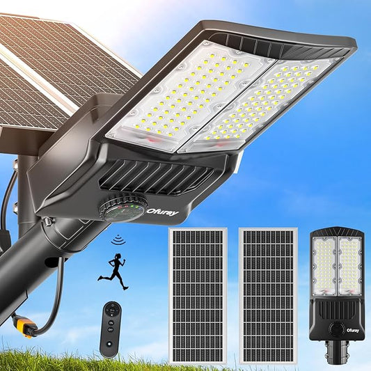 Ofuray Of-7000W Solar Street Lights Outdoor, 500000lm Solar Security Flood Lights Parking Lot Commercial with Motion Sensor, 6500k IP67 Street Dusk to Dawn with Remote Control for Street,Park,Barn