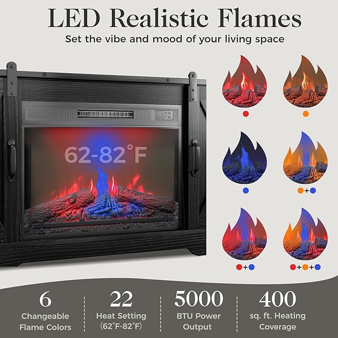 RoyalCraft Farmhouse Fireplace TV Stand for 65+ Inch TV, Entertainment Center with 23" Electric Fireplace with Remote, 34" Tall Modern Rustic TV Console with Sliding Bar Door for Living Room, Black