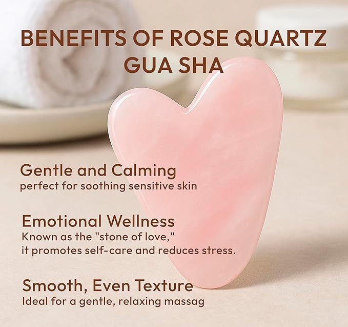 Rose Quartz Gua Sha Facial Tool - Heart-Shaped Crystal for Puffiness, Lymphatic Drainage, Facial Sculpting & Relaxation - Hand-Carved Stone from Brazil, Used in Traditional Beauty Rituals