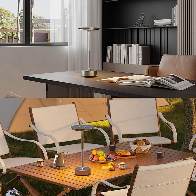Cordless Table Lamp, LED Rechargeable Table Light with 3 Temp Settings, Stepless Dimming, 5000mAh Battery, USB-C, Memory, Aluminum Alloy, for Home, Patio, Restaurant, Outdoor. Silver