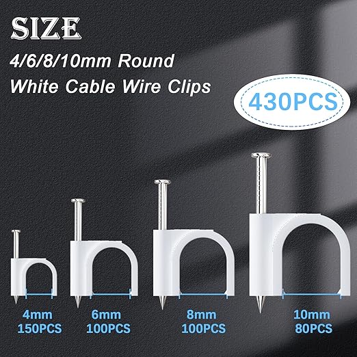 mxuteuk 430PCS Cable Clips with Steel Nails,4/6/8/10mm Round White Cable Wire Clips,Wall Clips for Cords,Cable Cord Clips for RG6 RG59 CAT6 RJ45