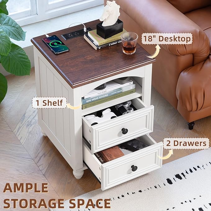 18" Farmhouse Night Stand with Charging Station, White Wood Nightstand with 2 Drawers, Bedside End Table with Shelf Storage, Bed Side Tables Cabinet for Bedroom, Living Room, and Closet