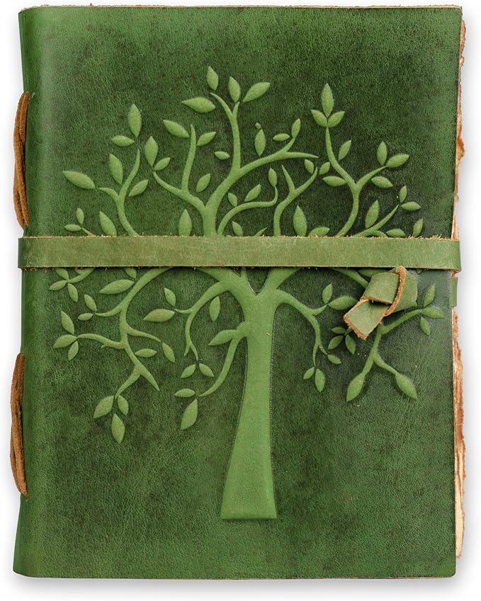LEATHER VILLAGE Tree of Life Journal - 8"X6" (A5) inches - Green - 200 Antique Deckle Edge Handmade Paper – Book of Shadows - Vintage Leather Bound Journal for Women & Men