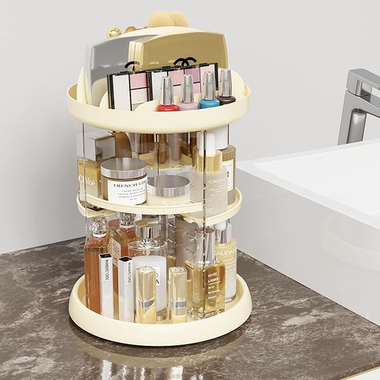 Beige 360 Rotating Makeup Organizer for Vanity - 6 Tier Adjustable Spinning Bathroom Counter Cosmetic Display Cases and Makeup Holder for Palette,Eyeshadow,Brush,Cologne Organizer