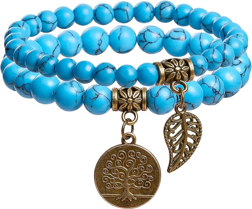 Bivei Natural Semi Precious Gemstone beads bracelet for women - Life Tree and Leaf Charm Energy Reiki Crystal Stretch Bracelets