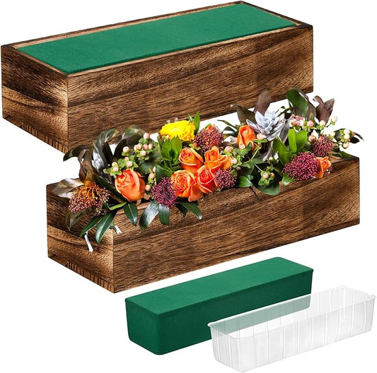 Dandat 4 Set Wood Boxes for Centerpieces 12x4 Inch Rectangle Wooden Planter Box Rustic Wood Planter with Removable Plastic Liner Floral Foam Blocks for Centerpieces Home Wedding Garden Decor