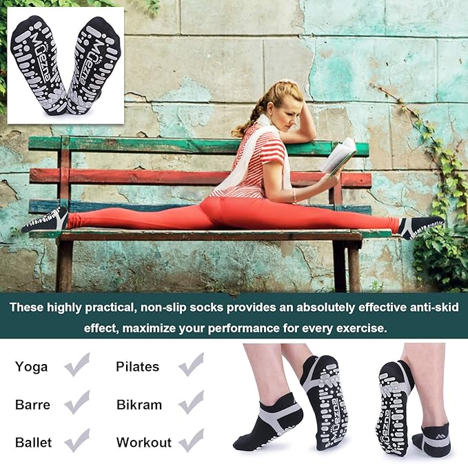 Muezna Non Slip Yoga Socks for Women, Anti-Skid Pilates, Barre, Hospital Socks with Grips, Size 5-10