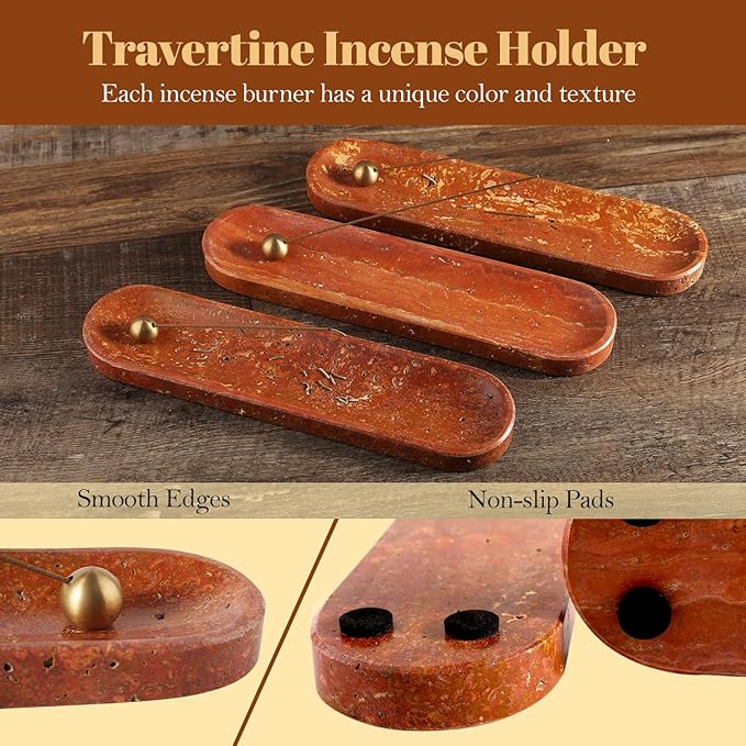 Koville Red Travertine Incense Holder, Incense Holder for Sticks, Natural Stone Incense Burner Ash Catcher for Meditation Yoga SPA, Balsam Fir/Palo Santo/Sage/Cone, Home Table Decor