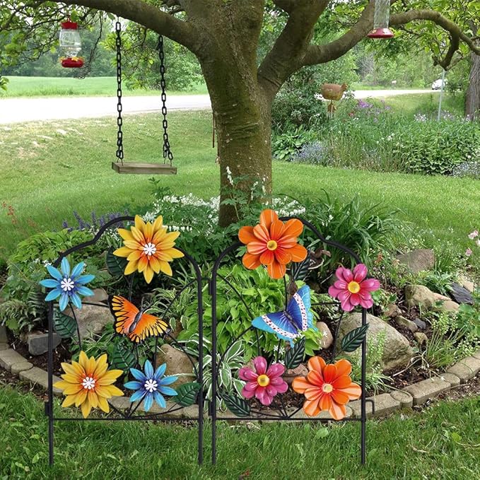 hogardeck Garden Decor for Outside, Set of 2 Metal Fence Decorative Garden Stakes with Flowers for Spring Decor, Yard Signs for Outdoor Patio Lawn Backyard Porch Decorations