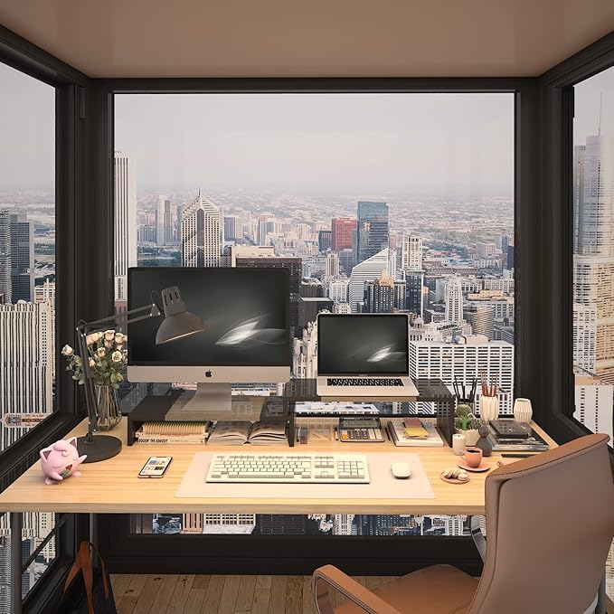 WESTREE Dual Monitor Stand Riser - 2 Shelf Computer Stand with Adjustable Length and Angle, Desktop Organizer for 2 Monitors