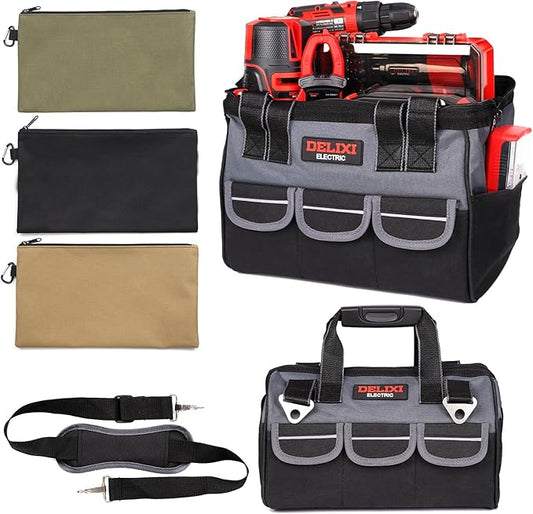 Heavy Duty Tool Bag 13-Inch + 3 Pack Utility Zipper Tool Pouches (18 Pockets), 1680D Oxford Fabric Tool Box Organizer with Shoulder Strap, Multipurpose Storage for Mechanic, Electrician, DIY, Gift