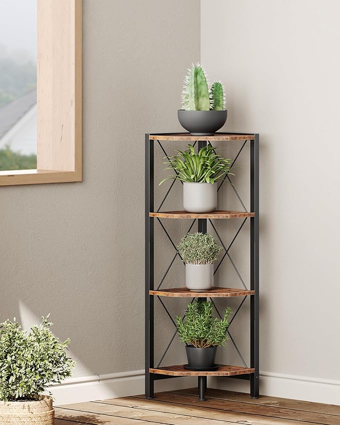 4-Tier Corner Shelf, Corner Bookcase, 43.3" Tall Vertical Display Rack, Plant Stand, Open Storage Shelf, for Living Room, Bedroom, Study, Kitchen, Rustic Brown and Black TCJ14BF