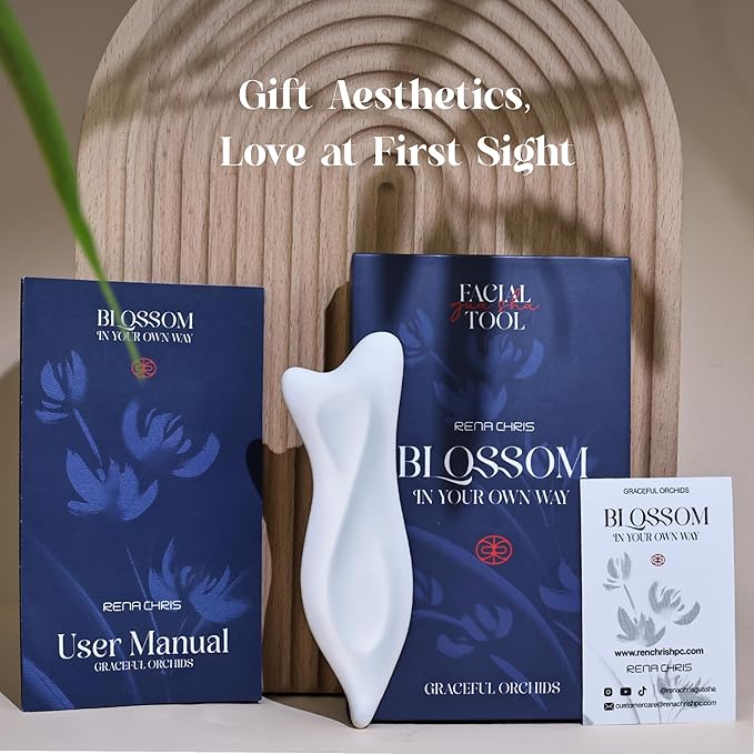 Rena Chris 3D Ceramic Gua Sha Facial Tools - Acupressure & Guasha for Face Massage, Jawline Sculpting, Puffiness Reduction, Skin Care Tool (White)