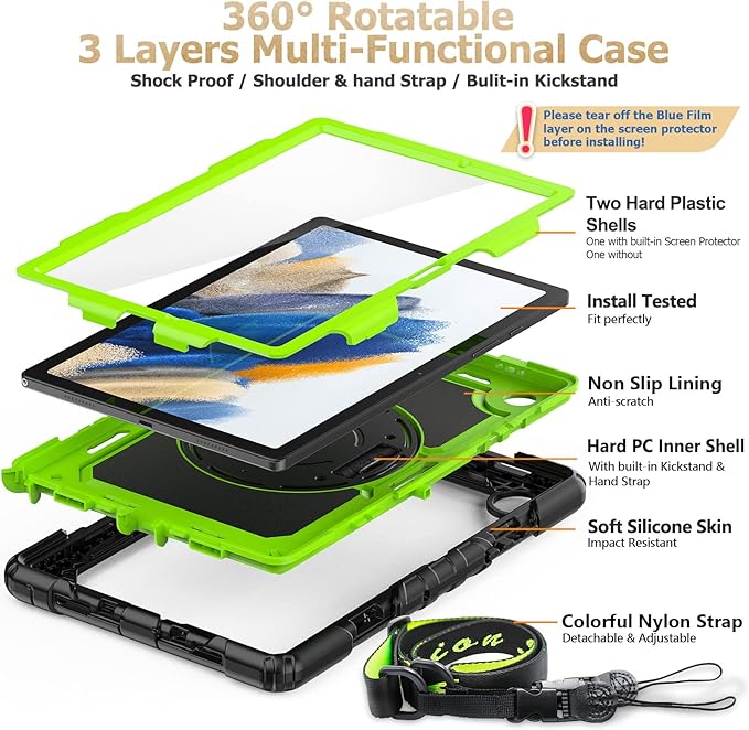 SEYMAC stock Case for Samsung Galaxy Tab A8 10.5'', Full-Body Drop Protection Case with Screen Protector Pencil Holder [360° Rotating Hand Strap] &Stand, Green+Black
