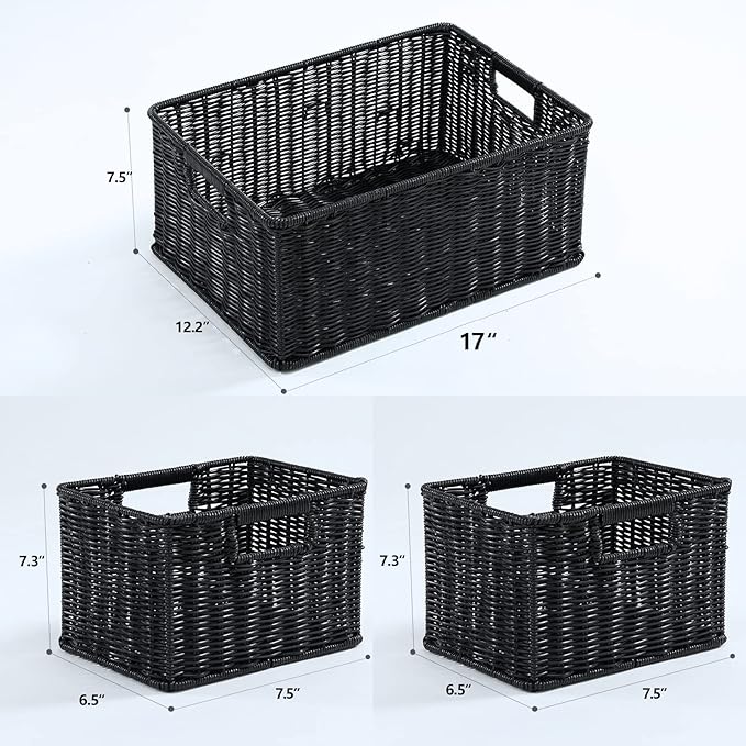 HOONEX Large Wicker Baskets for Storage, Woven Plastic With Dual Handles, Set of 3, Black