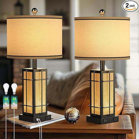 Black Table Lamps Set of 2, 24" Farmhouse Lamps for Living Room with USB C+A Ports, Industrial Retro Lamps for Bedroom, Nightstand Light Fixture, 2 Bulbs Included