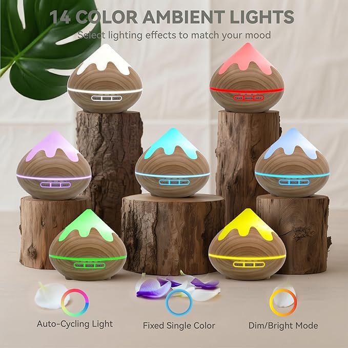 500ML Essential Oil Diffuser, Aromatherapy Diffuser with Remote Control, Multifunctional Air Diffusers for Home Office Room, Fragrance Aroma Diffuser with 7 Color LED & 2 Mist Mode, Brown