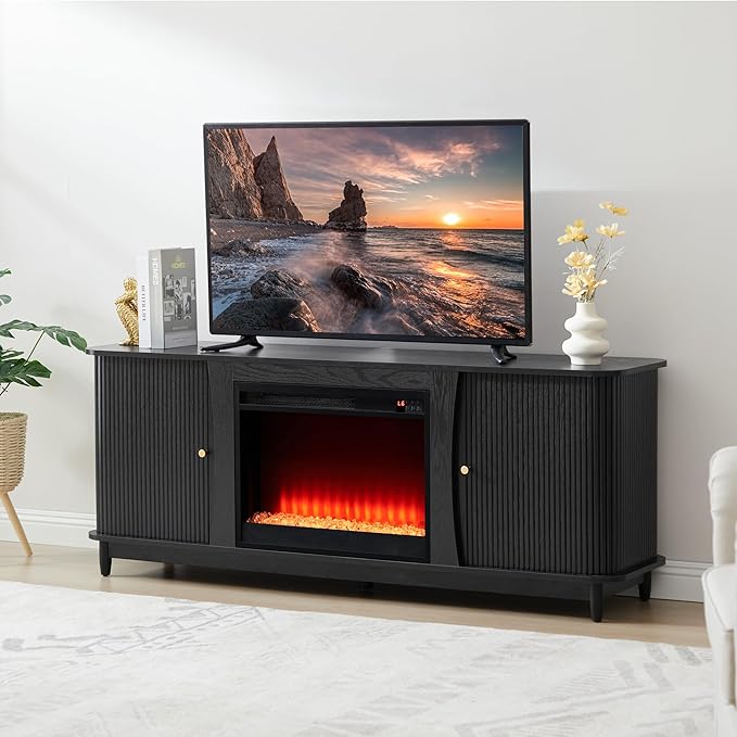Fireplace TV Stand, Fluted TV Stand with Storage and Sliding Door, Farmhouse Entertainment Center Media Console Table for Living Room (Black)