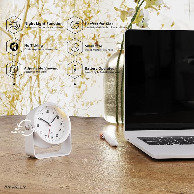 AYRELY® 3.5 Inch Small Analog Alarm Clocks,Battery Operated Desk Clock,Cute Table Clock with Light，Adjustable Angle for Travel,Bedside,Bedroom,Kids,Living Room Decor (White)