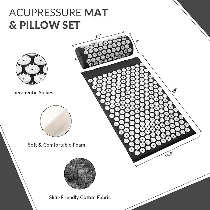 Fitvids Acupressure Mat and Pillow Set for Back/Neck Pain, Acupuncture Products to Relieve Muscle Fatigue, Improve Insomnia for Sedentary People, Acupuncture Eases Stress, Massage Mat, Black