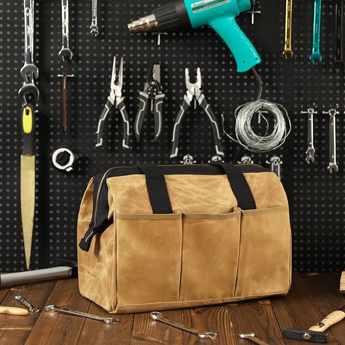 Heavy-Duty Waxed Canvas Tool Tote Bag - Wide Mouth Open Top Organizer with Reinforced Handle | Large Capacity Tool Pouch for Wrenches, Screwdrivers & DIY Supplies (15 x 11.5 x 7.8 inch, Khaki)