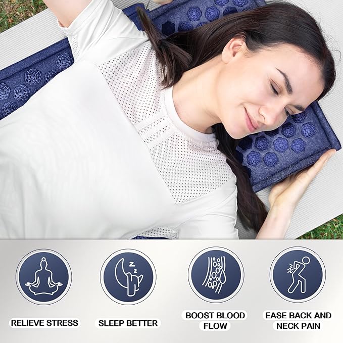 LadyRosian Acupressure Set for Back and Neck Pain Relief, Muscle Relaxation Stress Relief Acupressure Mat and Pillow Set with Bag (Navy Blue)